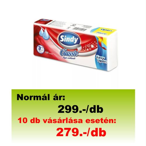 Sindy Classic papírzsebkendő 3 rétegű natúr 100db/csomag, 60cs/gyűjtő, 24 gyűjtő/raklap