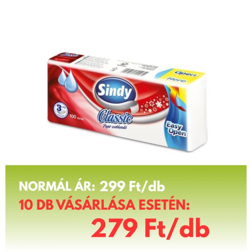 Sindy Classic papírzsebkendő 3 rétegű natúr 100db/csomag, 60cs/gyűjtő, 24 gyűjtő/raklap
