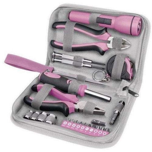 Extol Lady szerszámkészlet 23 db-os, 1/4". 4 dugófej (6-12 mm), fogók, csavarhúzó markolat, mérőszalag, bitek, rózsaszín