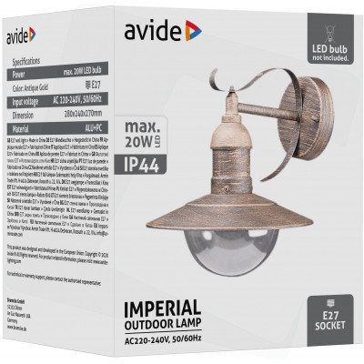 Avide kültéri fali lámpa Imperial 1xE27 IP44 antik arany