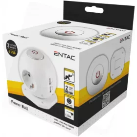   Entac gömb elosztó 3 foglalattal, 2x2,1A USB-vel kapcsolóval 1,5 m 3G1.5 fehér